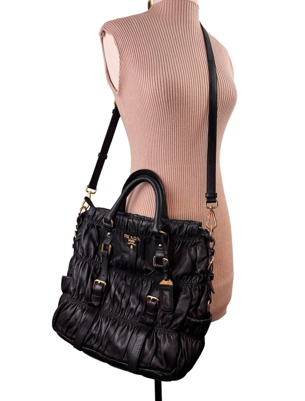 PRADA Nappa Gaufre Handbag Black Gold Leather Crossbody Strap Tote Bag Large